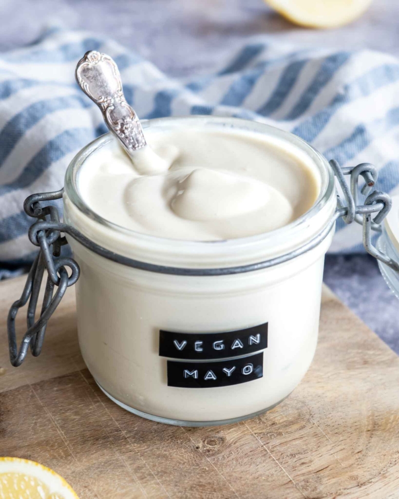 A jar of homemade vegan tofu mayo