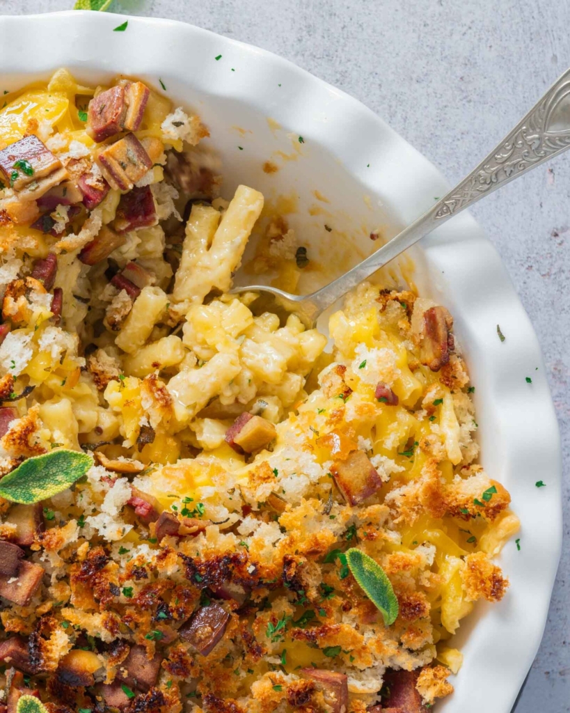 Cheesy, creamy vegan mac and cheese in a baking dish