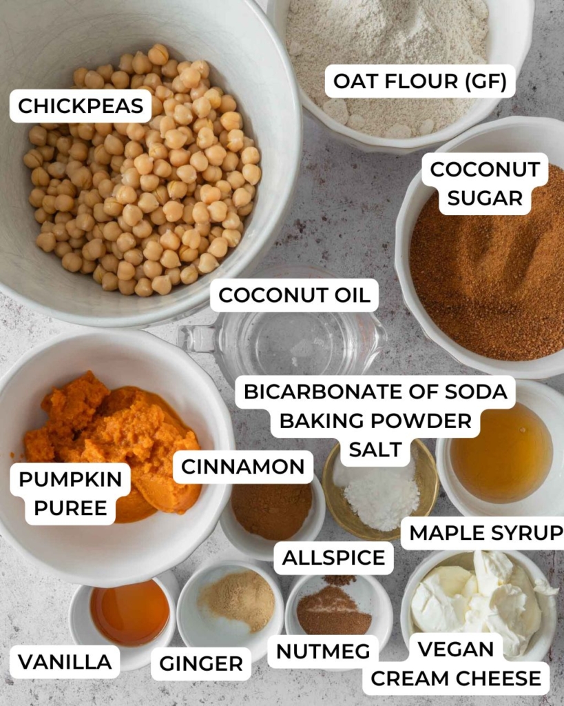 A labelled image of the ingredients needed to make vegan gluten free pumpkin bread