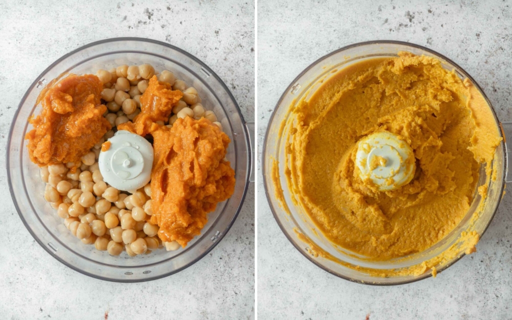 Pumpkin, chickpeas, vanilla and coconut oil being blended in a food processor