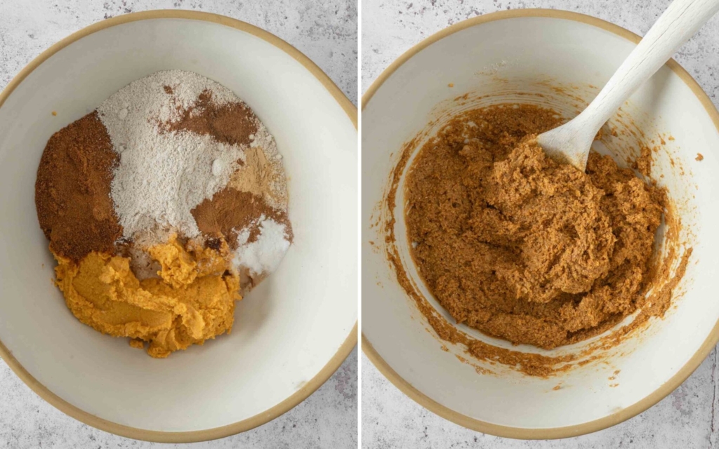 Pumpkin cake batter in a mixing bowl being stirred together
