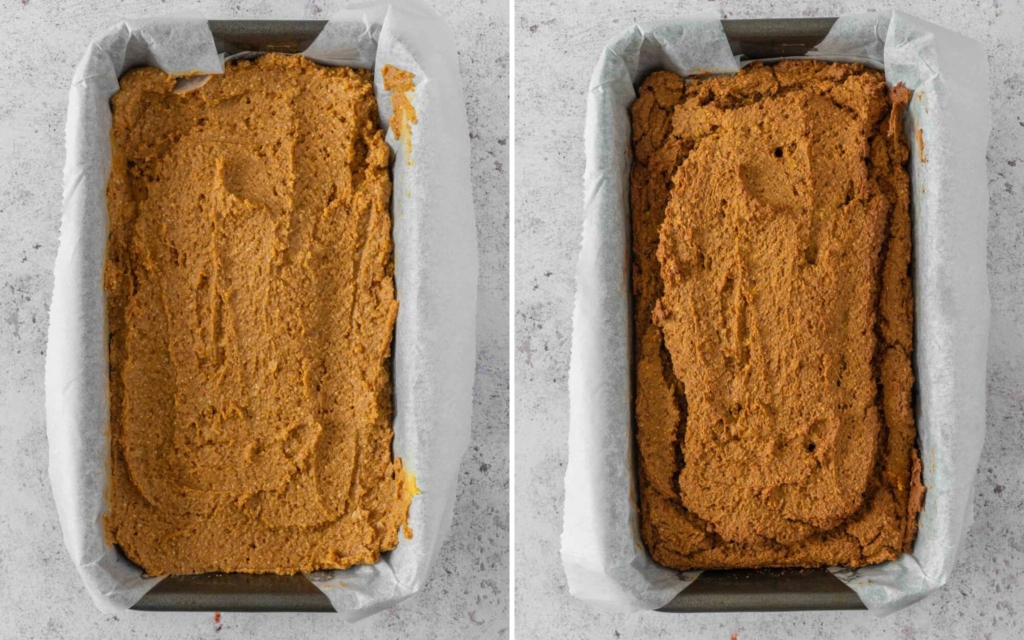 A vegan pumpkin loaf cake in a baking pan