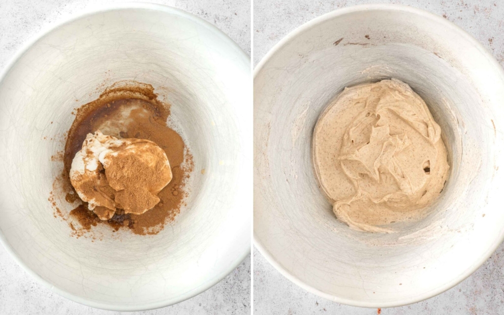 Vegan cinnamon cream cheese being mixed in a bowl