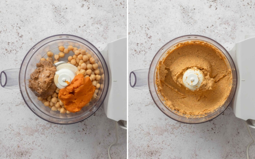 Chickpeas and pumpkin puree being blended in a food processor