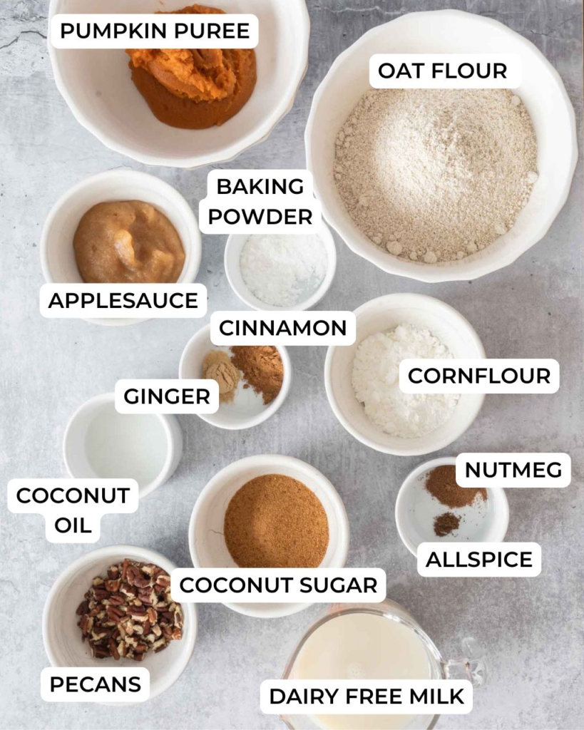 The ingredients needed to make a vegan pumpkin pancake recipe
