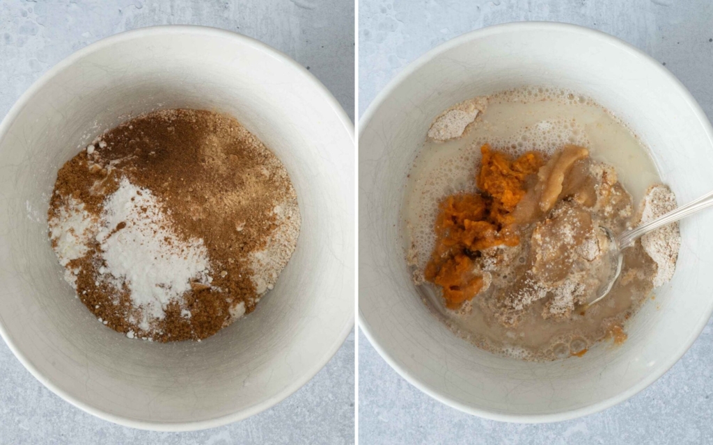 Dry and wet ingredients being mixed together in a vegan pumpkin pancake recipe