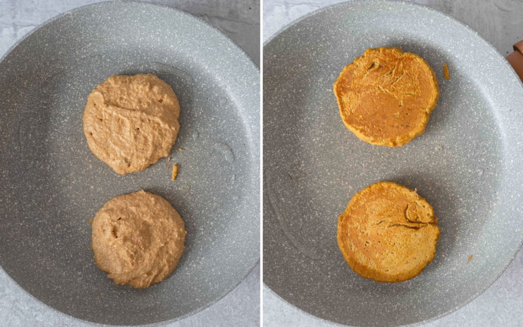 Pumpkin pancakes being fried in frying pan