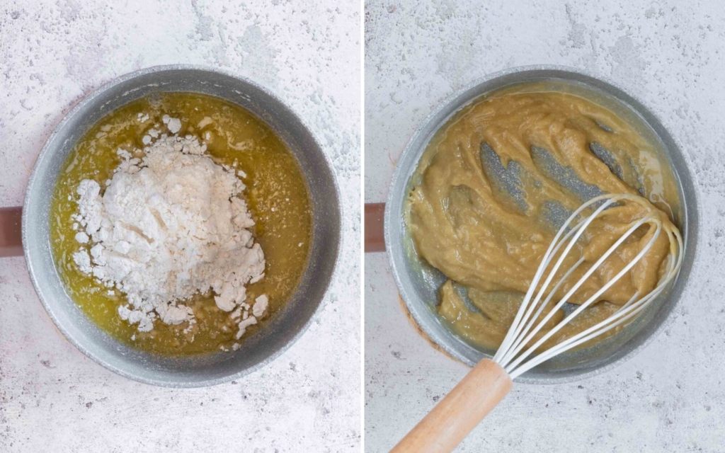 Making a roux in a saucepan for a white gravy recipe without milk