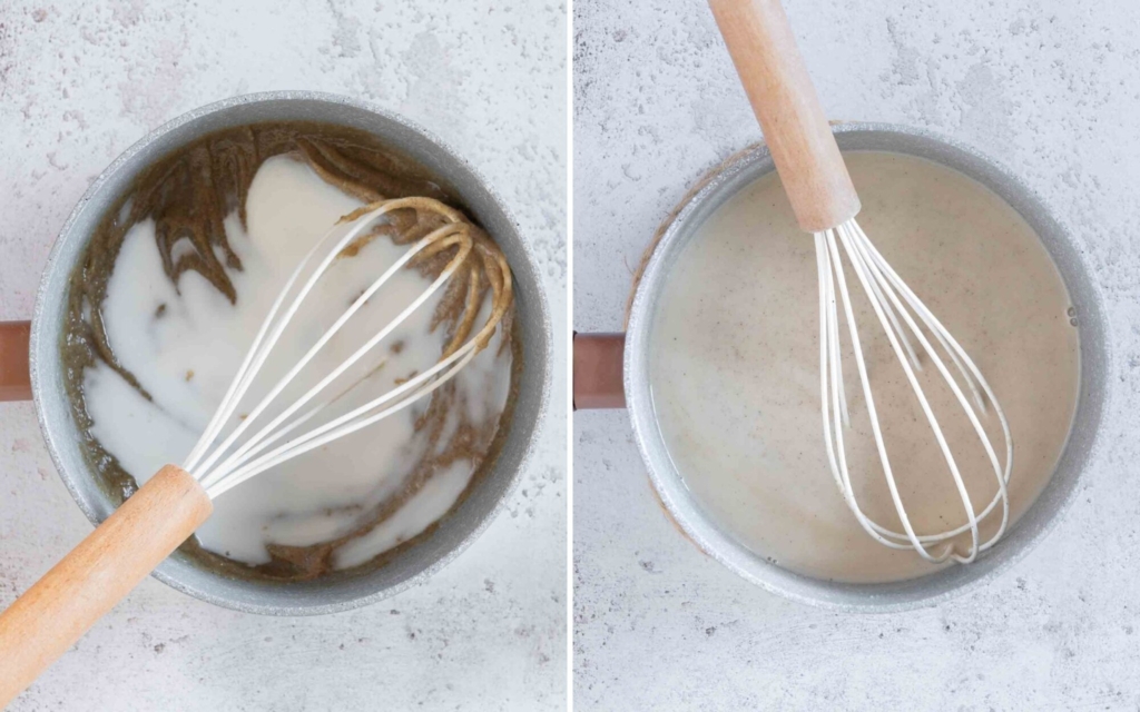 Adding dairy free milk to a saucepan to make vegan country gravy