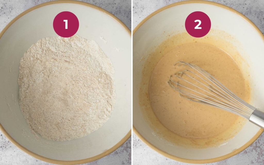 Two process images for making cornbread without milk - mixing the dry ingredients and then stirring in the wet ingredients