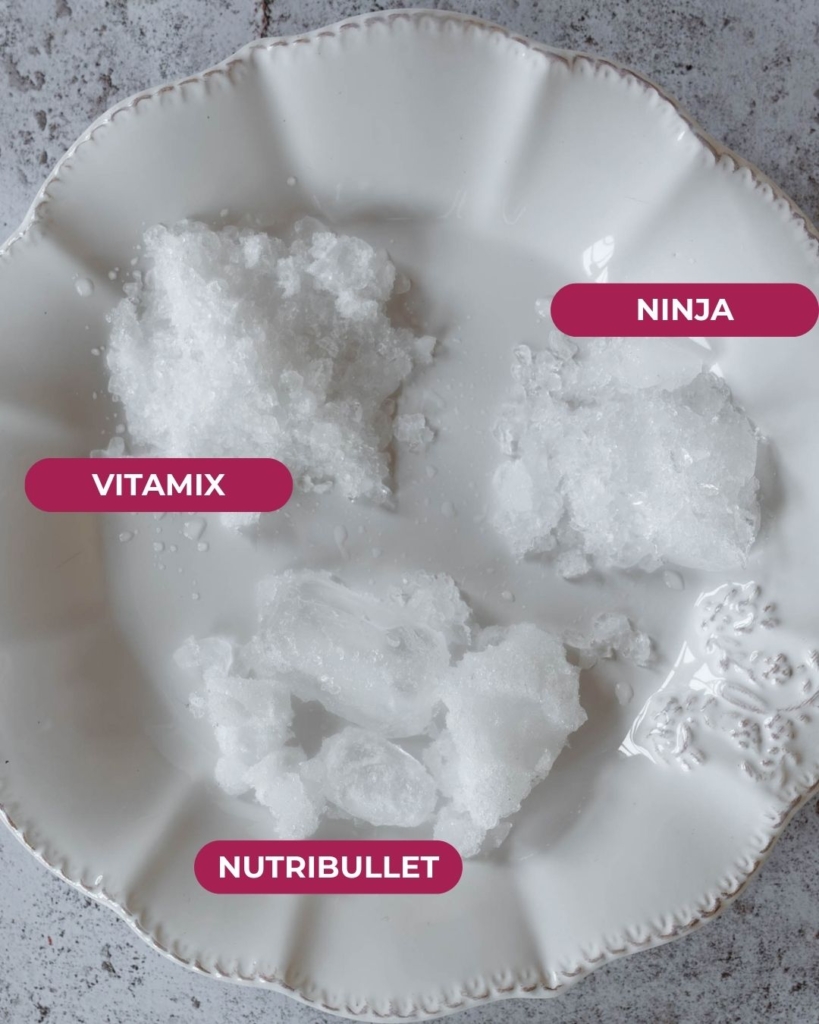 3 spoonfuls of crushed ice on a plate, showing the comparison in blending power between the Nutribullet vs Ninja vs Vitamix
