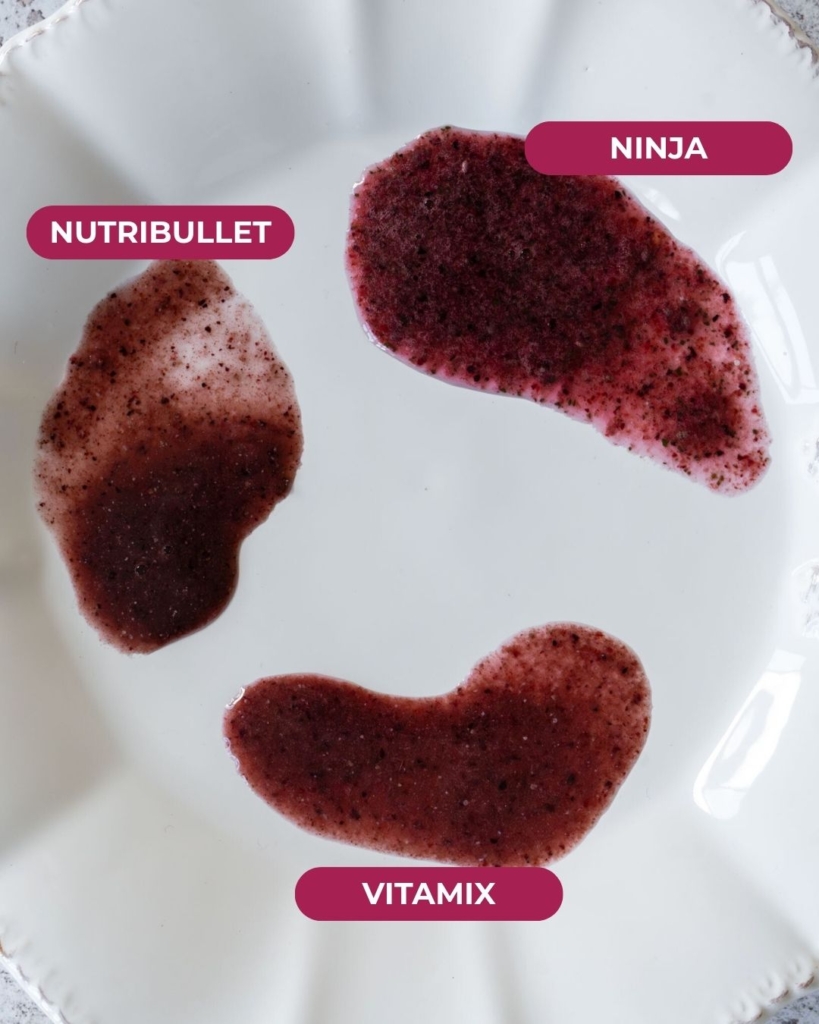 3 spoonfuls of frozen fruit and greens smoothie on a plate, showing the comparison in blending power between the Nutribullet vs Ninja vs Vitamix