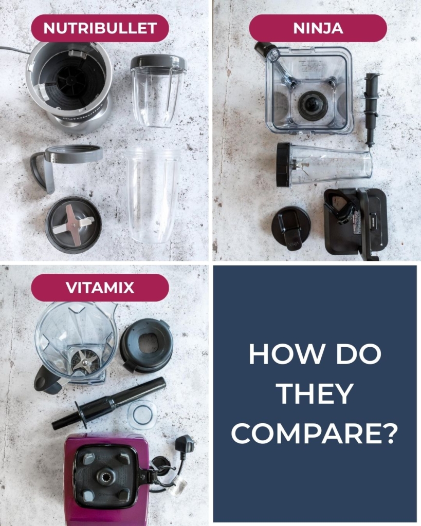 The Nutribullet, Ninja and Vitamix blenders out of the box, showing attachments