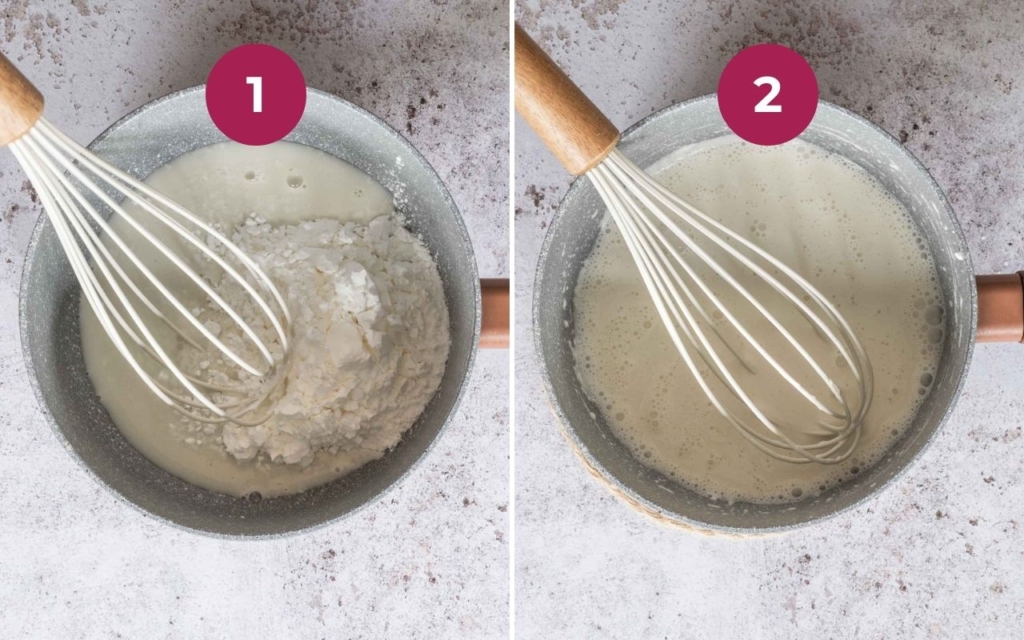 Two saucepans with a white sauce in