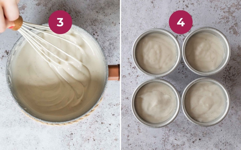 Vegan panna cotta made without gelatin being whisked in a saucepan and then poured into metal dariole pudding molds