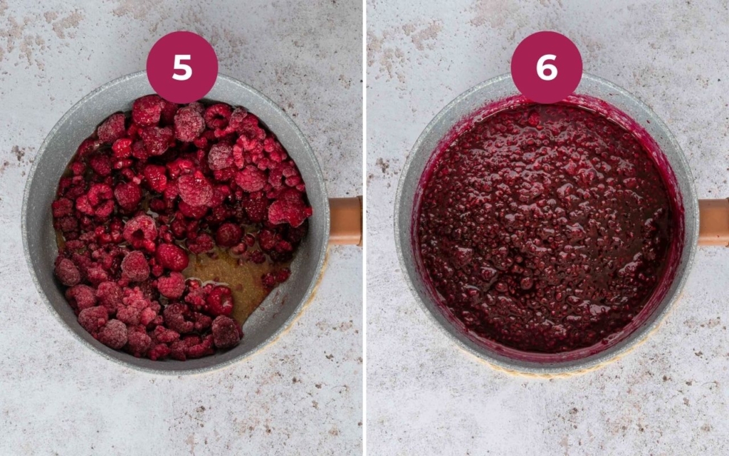 Raspberries and maple syrup in a saucepan being simmered into a coulis