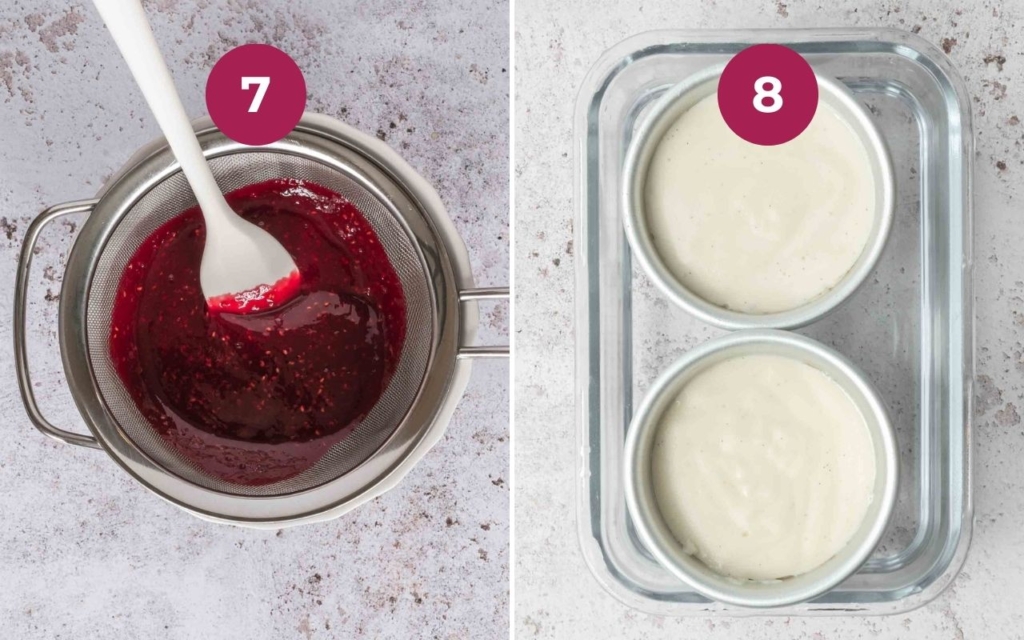 Raspberry coulis being strained through a sieve to remove the pips, and panna cotta being stood in hot water to remove it from the molds