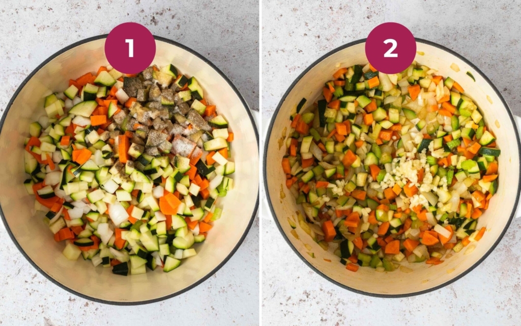 Process images showing the ingredients needed to make a vegetable and bean soup in a saucepan