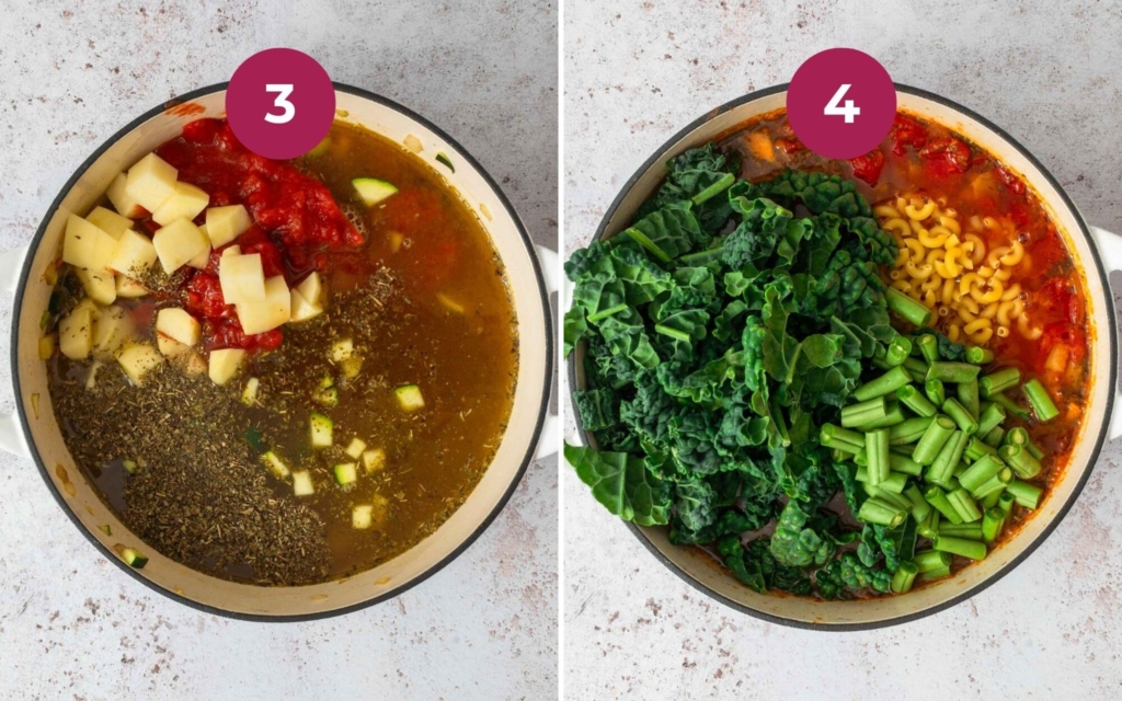 Two large saucepans with stock and greens being added to make a zuppa del giorno recipe