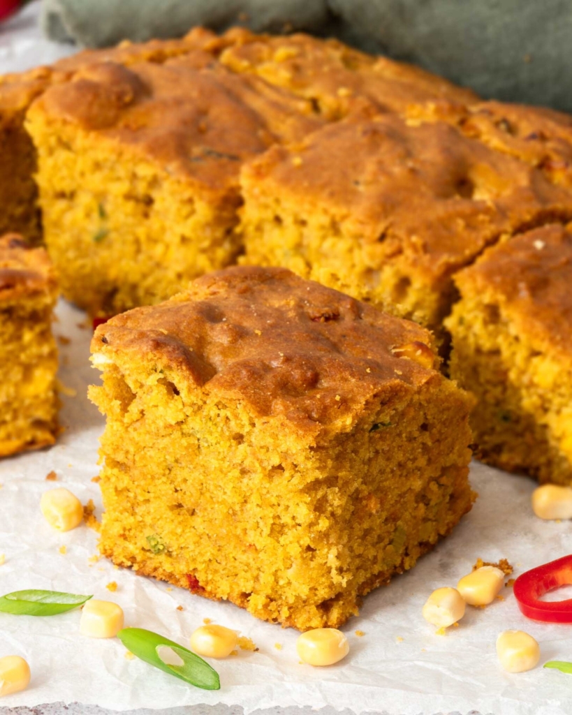 Chunky golden cubes of spiced Indian cornbread on a table top