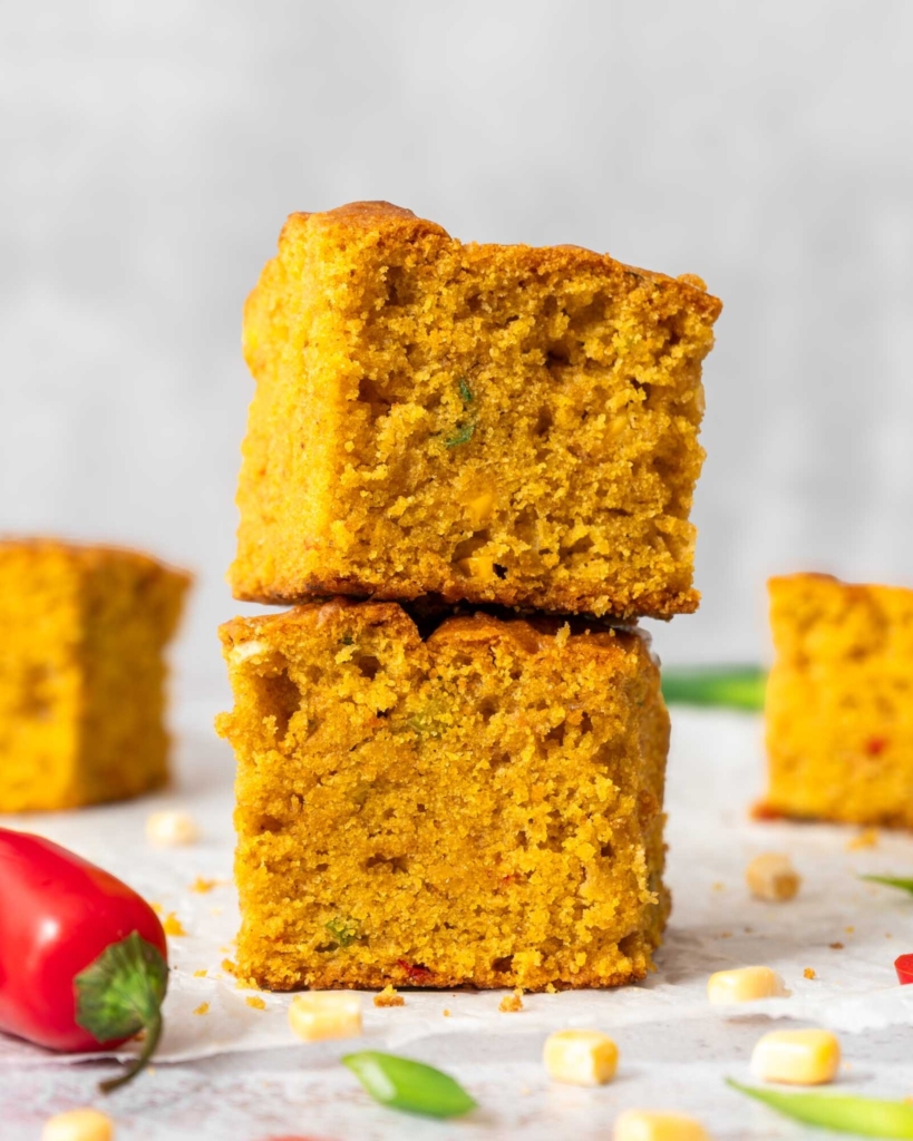 To pieces of Indian Cornbread stacked on top of one another