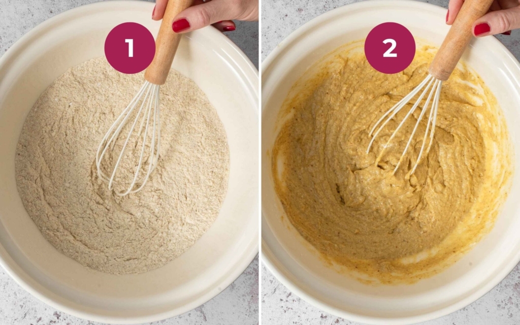 Process images showing the viewer how to make this Indian cornbread recipe - mixing dry and wet ingredients in a bowl.