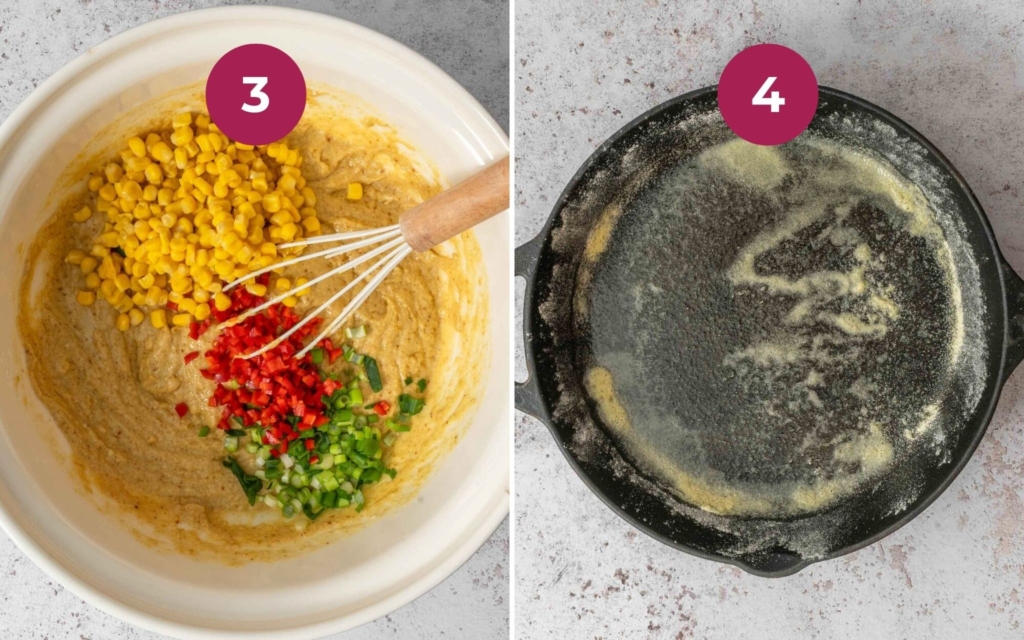 Process images showing the viewer how to make this Indian cornbread recipe - mixing veggies into the batter and preparing a cast iron pan for baking.