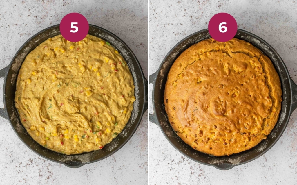 A golden Indian cornbread being baked in a hot cast iron pan