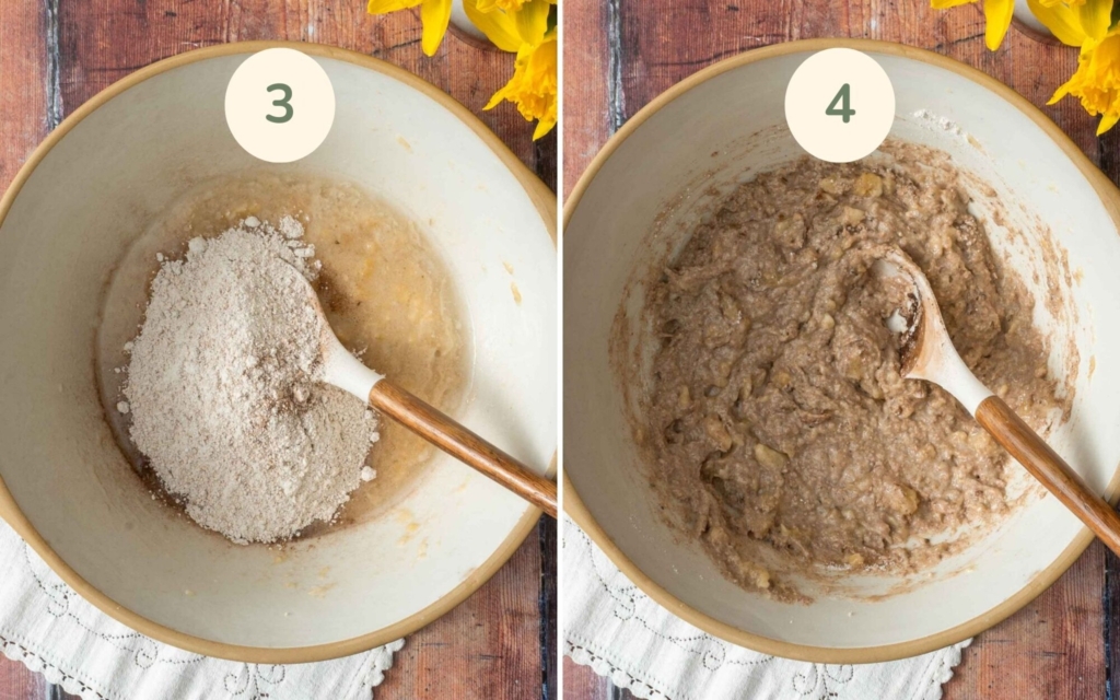 Flour, oil and dairy free milk being mixed with mashed banana