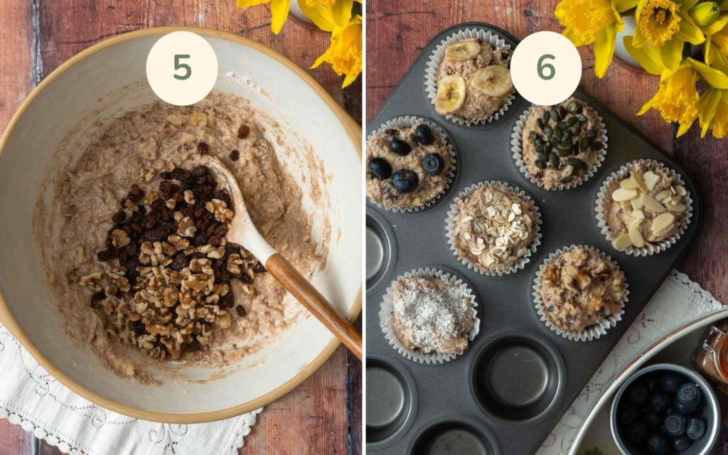 Sultanas and nuts being mixed into muffin batter