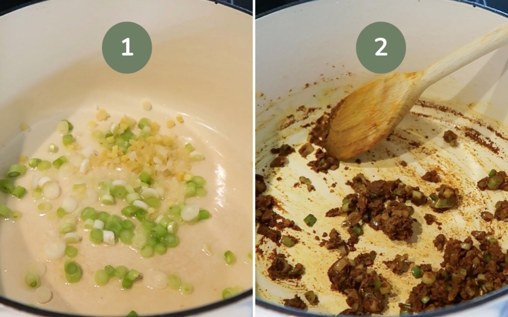 Frying spring onion and spices in oil