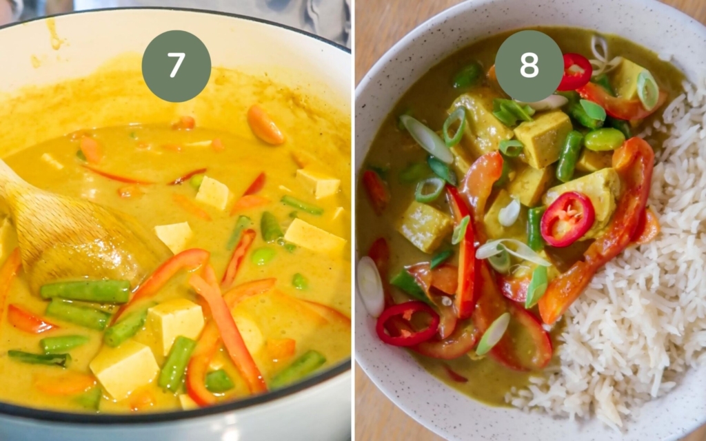 Cooking a tofu and vegetable Chinese Curry and dishing it up into a bowl