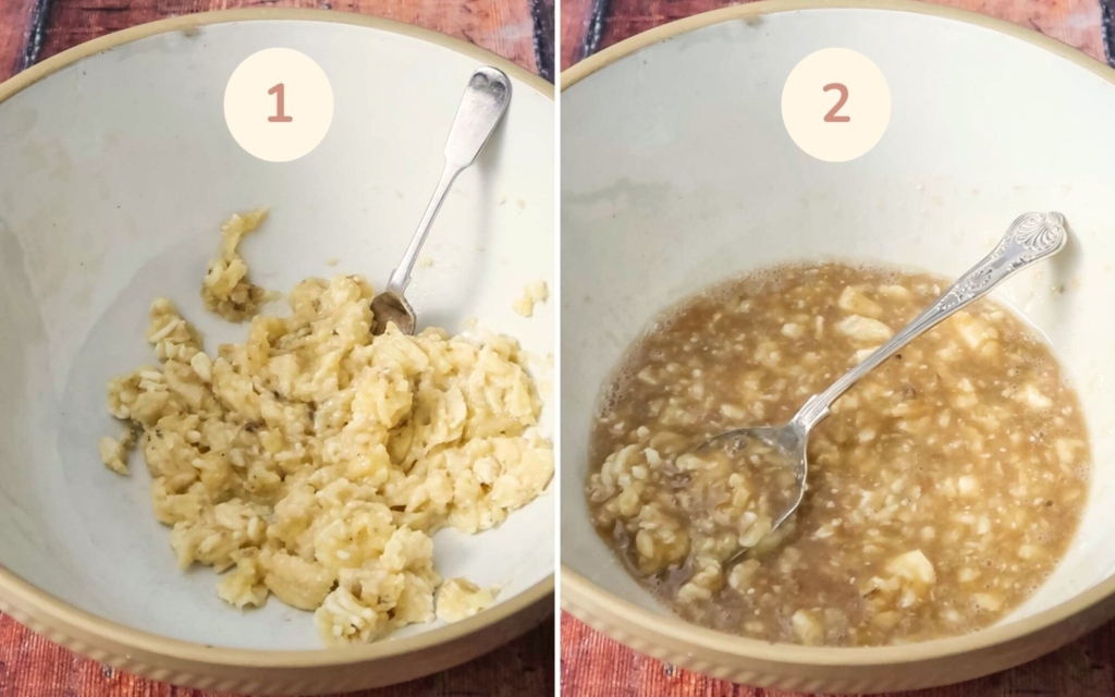 Mashed banana in a mixing bowl