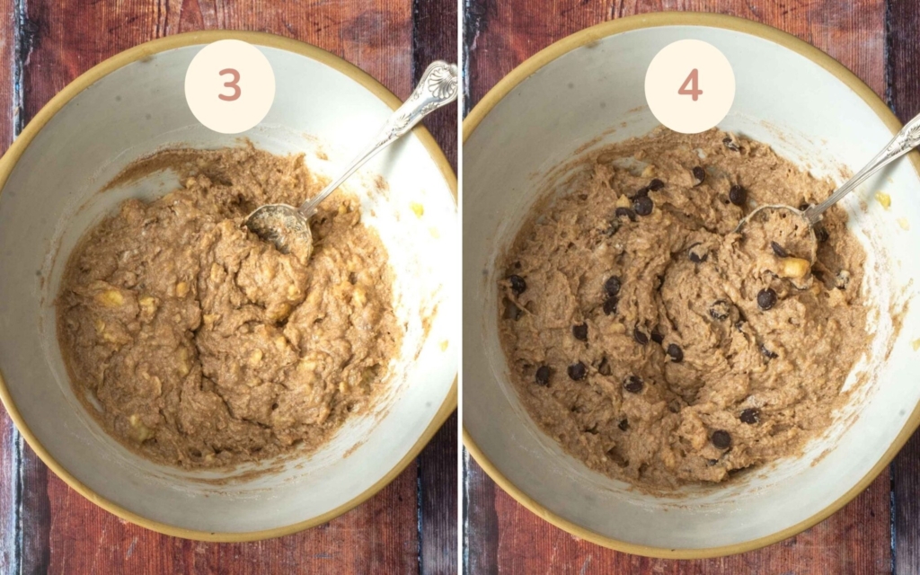 Banana bread batter in a mixing bowl