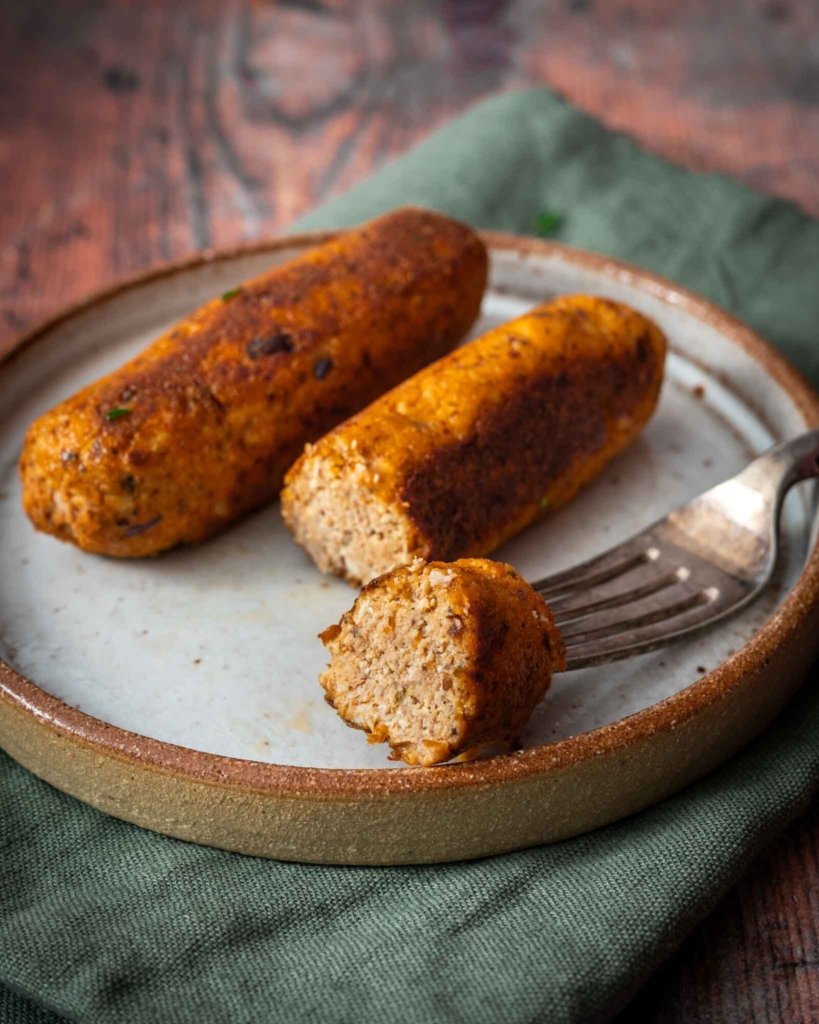 A vegan tofu sausage cut open