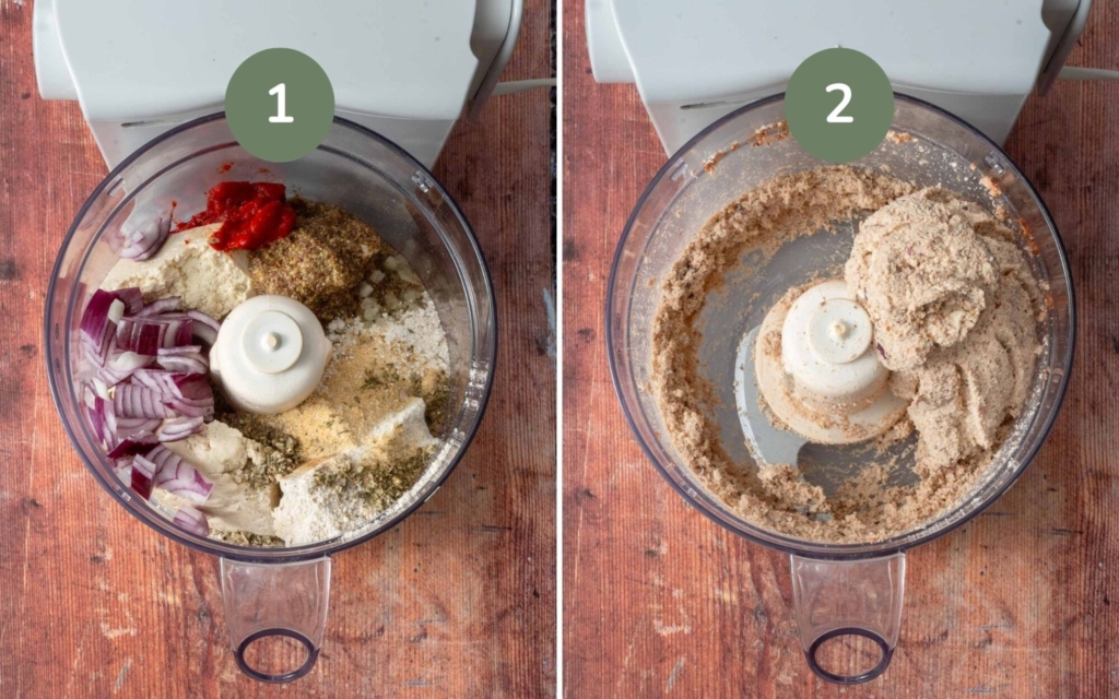 Two images showing how to make this tofu sausage recipe, featuring a food processor with ingredients in