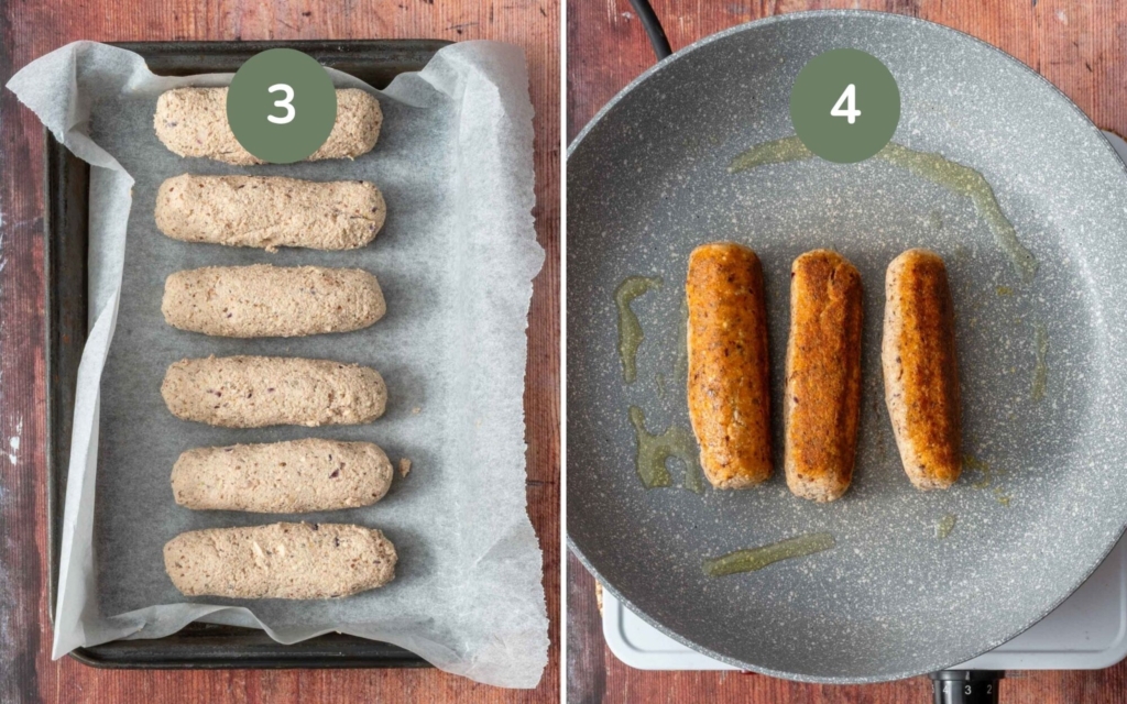 Vegan sausages being fried in a frying pan