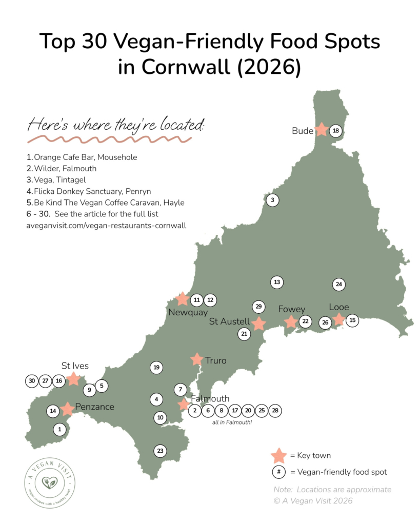 A map showing the best vegan food spots in Cornwall in 2026