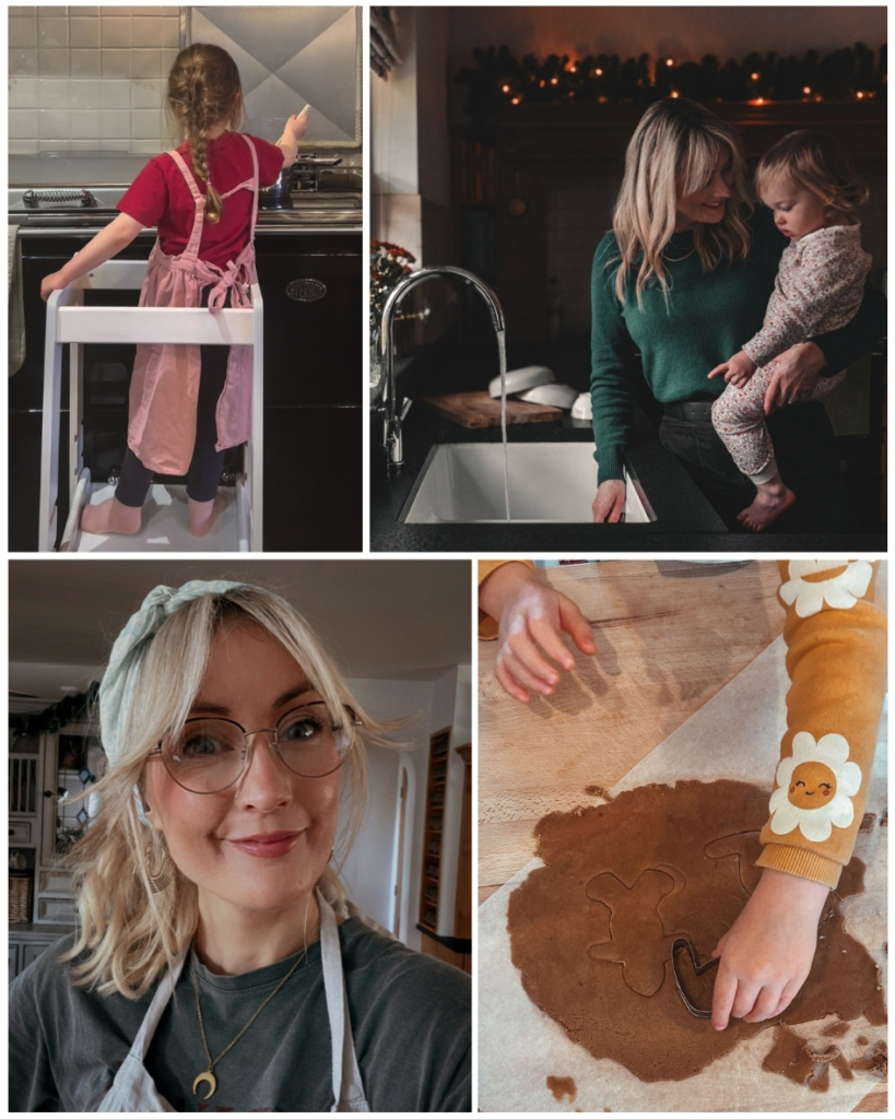 Collage of photos showing a woman and child in the kitchen