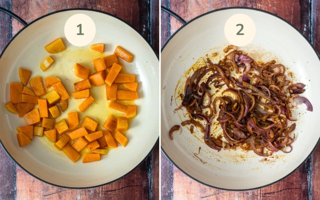 Butternut squash and red onion frying in a cast iron pot