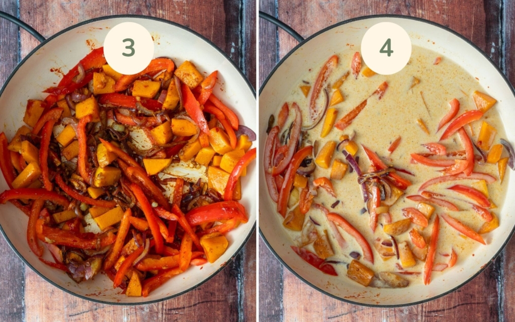 Sweet corn curry with butternut squash and red pepper cooking in a cast iron pot