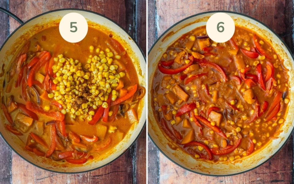 Sweet corn curry with butternut squash and red pepper cooking in a cast iron pot