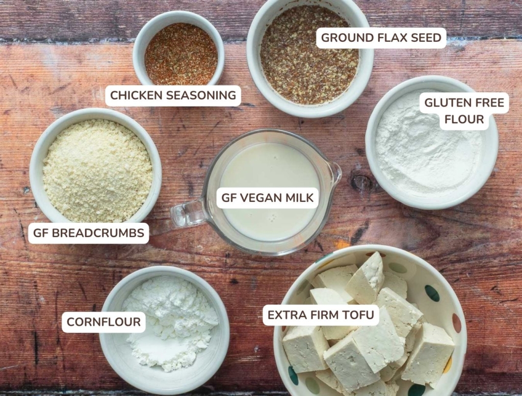 The ingredients needed to make gluten free vegan chicken patties laid out on a wooden table