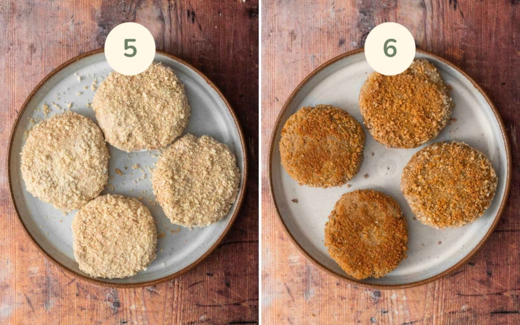 A plate of gluten free vegan chicken patties before and after cooking