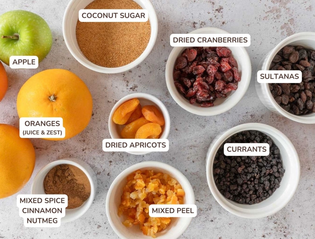 The ingredients needed to make vegan mincemeat without suet