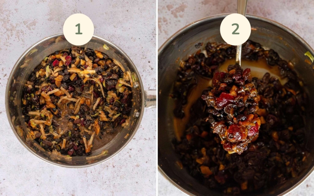 A saucepan filled with dried fruit and orange juice, making juicy vegan mincemeat without suet